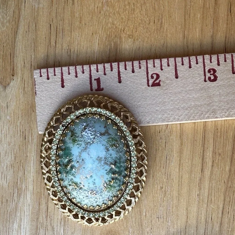 VTG DeNicola‎ Statement Brooch 2.25 Inch Green Easter Egg Cab Rhinestones Gold
